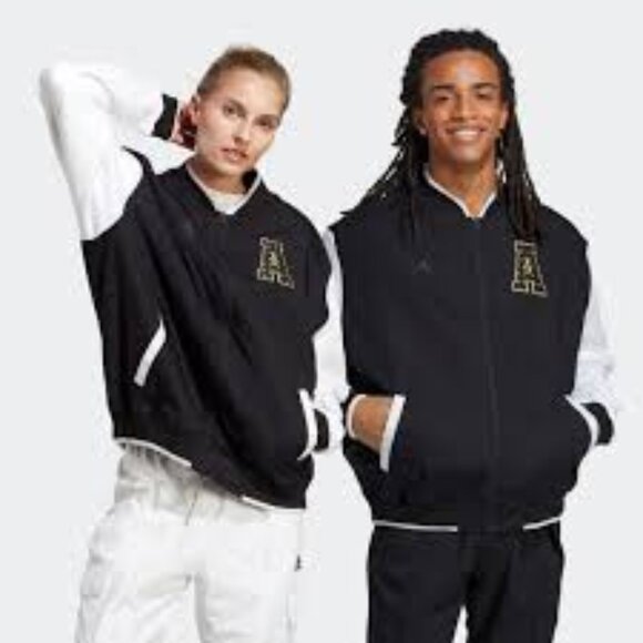 Adidas ALL SZN Mens Black White Varsity Logomania Collegiate Jacket Size Large